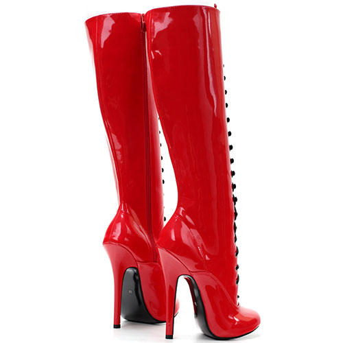 14厘米细高跟性感圆头红色漆皮女王系带高筒靴大码男女款