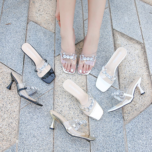 7CM仙女风韩版水钻气质透明时装一字带电镀细跟高跟鞋大码女鞋潮